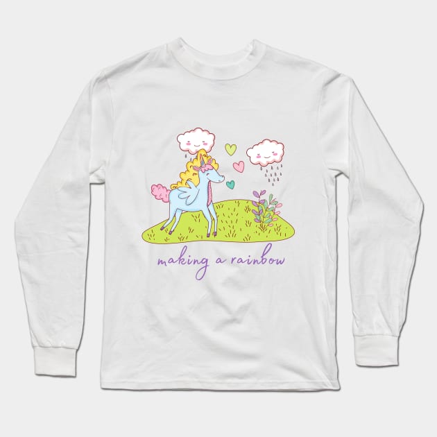 Cute Little Unicorn Making a Rainbow Long Sleeve T-Shirt by Vegan Squad